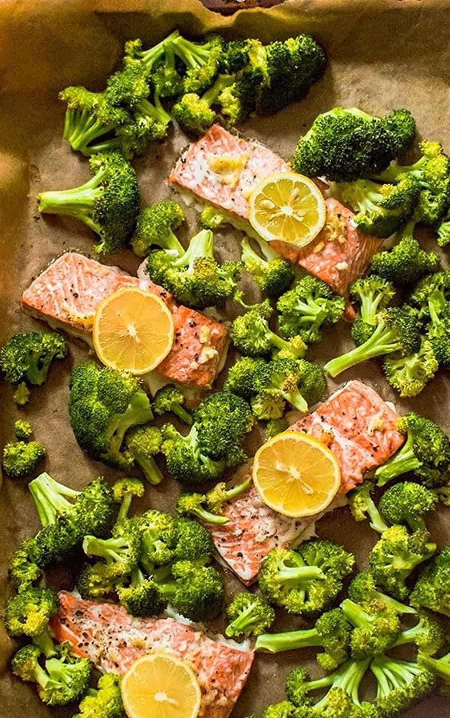 Photo of One-Sheet Roasted Garlic Salmon Broccoli