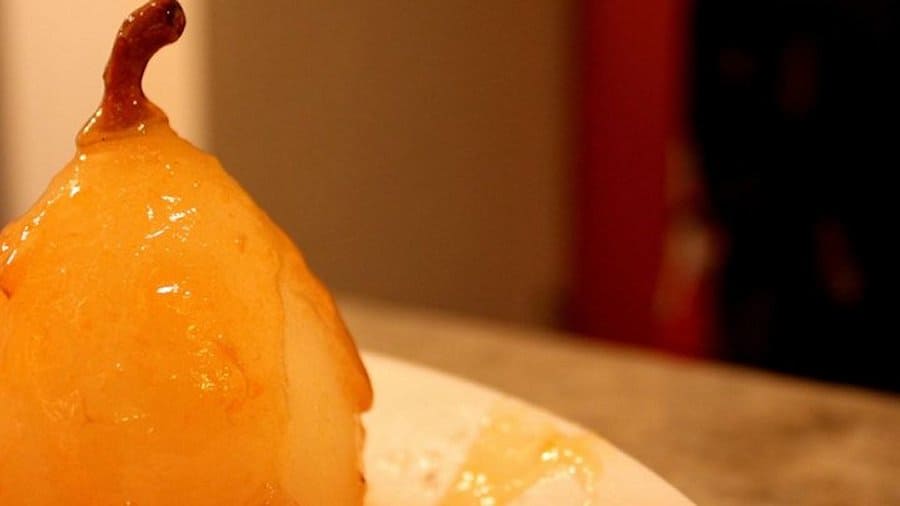 Photo of Flambeed Vanilla Poached Pears With Apricot Sauce