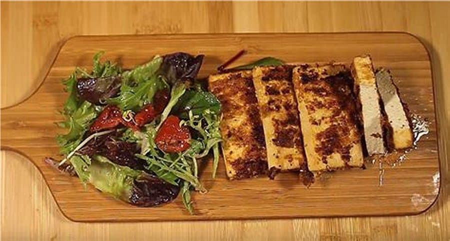 Photo of Grilled Breaded Tofu Steaks Wiht Spiinach Salad And Tomato Flaxseed Bread