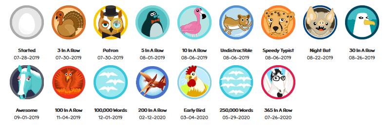 Image of the 750 Words badges I've earned so far