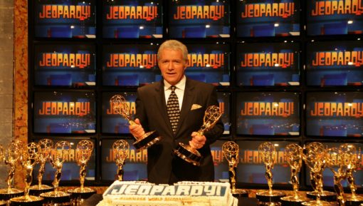 Alex Trebek at the ceremony entering Jeopardy in to the Guinness World Records
