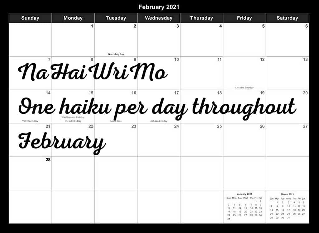 Image of a haiku written on February 2021 calendar page